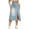 image:imageCHARTOU Women Distressed Midi Denim Skirt with Slit Mid Long Jean Skirt Irregular A Line Cargo Skirt Y2k Flare SkirtLight Blue