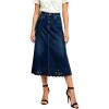 image:imageCHARTOU Women Eyelet Denim Midi Skirt Embroidered Scalloped Back Elastic High Waist Jean Skirt with PocketsDark Blue