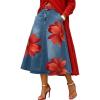 image:imageCHARTOU Women Floral Print Jean Skirt High Waist A Line Patchwork Denim Midi Skirt with PocketsRed