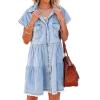 image:imageCHARTOU Womens Short Sleeve Ripped Denim Tiered Mini Skirt Babydoll Button Up Ruffle Shirt DressBlue