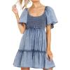 image:imageCHARTOU Womens Sweet Flutter Sleeve Ruched Smocked High Waist Tiered ALine Denim DressBlue