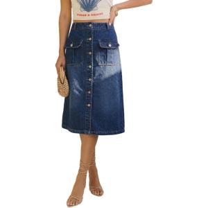 image:imageCHARTOU Button Front Cargo Denim Skirt Women Retro A Line Midi Long Jean Skirt with Utility PocketsDark Blue