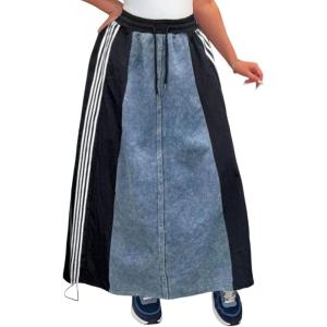 image:imageCHARTOU Parachute Long Jean Skirt for Women Sporty Drawstring Elastic High Waist A Line Patchwork Denim SkirtBlack