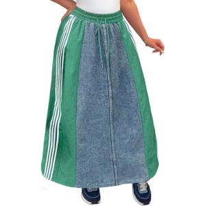 image:imageCHARTOU Parachute Long Jean Skirt for Women Sporty Drawstring Elastic High Waist A Line Patchwork Denim SkirtGreen