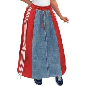 image:imageCHARTOU Parachute Long Jean Skirt for Women Sporty Drawstring Elastic High Waist A Line Patchwork Denim SkirtRed