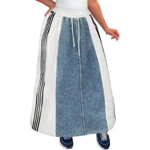 image:imageCHARTOU Parachute Long Jean Skirt for Women Sporty Drawstring Elastic High Waist A Line Patchwork Denim SkirtWhite