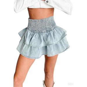 image:imageCHARTOU Women 2025 Denim Mini Skirt Smocked High Waist Y2k Tiered Ruffle Cute Short Jean SkirtLight Blue