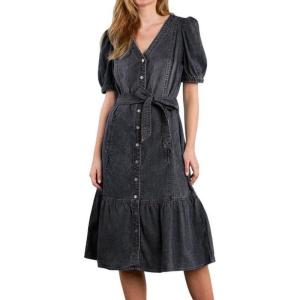 image:imageCHARTOU Women Belted Denim Shirt Dress Elegant Puff Sleeve Button Down Midi Long Jean Dress with PocketsBlack