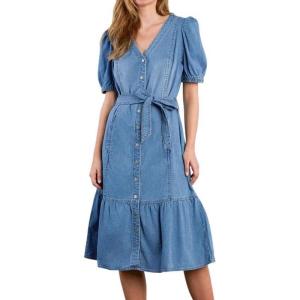 image:imageCHARTOU Women Belted Denim Shirt Dress Elegant Puff Sleeve Button Down Midi Long Jean Dress with PocketsLight Blue