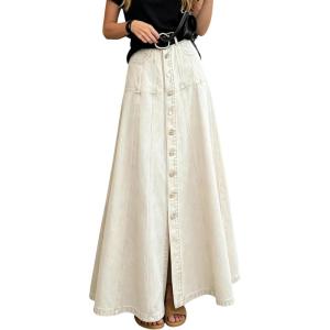 image:imageCHARTOU Women Denim Maxi Skirt Casual Loose Button Down High Waist A Line Ruffle Skirt with PocketsBeige