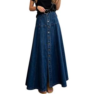 image:imageCHARTOU Women Denim Maxi Skirt Casual Loose Button Down High Waist A Line Ruffle Skirt with PocketsBlue