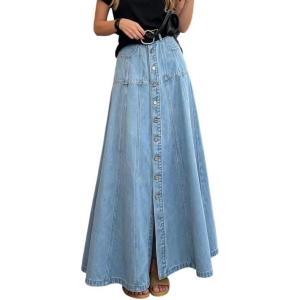 image:imageCHARTOU Women Denim Maxi Skirt Casual Loose Button Down High Waist A Line Ruffle Skirt with PocketsLight Blue