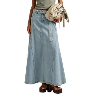 image:imageCHARTOU Women Denim Maxi Skirt Casual Loose Fit Patchwork High Waist Long Jean Skirt with BeltLight Blue