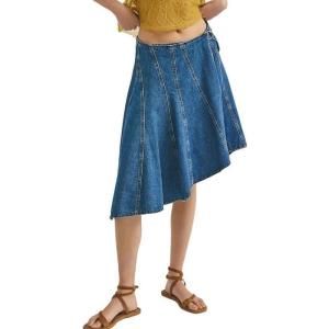 image:imageCHARTOU Women Denim Midi Skirt Summer Patchwork Adjustable Buckle Asymmetrical Flared ALine SkirtBlue