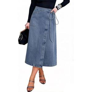 image:imageCHARTOU Women Denim Wrap Midi Skirt Summer Casual Tie Waist ALine Jean Skirt with SlitLight Blue