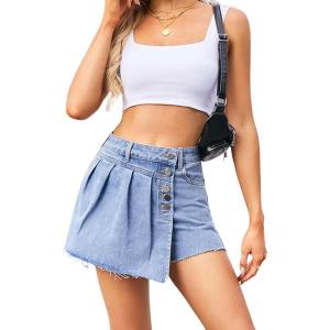 image:imageCHARTOU Women Distressed Denim Shots Skort Y2k Irregular Button Ripped Pleated Jean Skirt Cargo Shorts Cowgirl SummerLight Blue