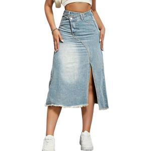 image:imageCHARTOU Women Distressed Midi Denim Skirt with Slit Mid Long Jean Skirt Irregular A Line Cargo Skirt Y2k Flare SkirtLight Blue