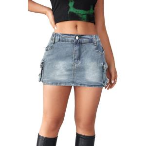 image:imageCHARTOU Women Elastic Low Waist Y2k Cargo Skirt Denim Jean Mini Skirt with PocketsBlue