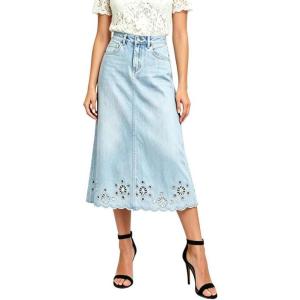 image:imageCHARTOU Women Eyelet Denim Midi Skirt Embroidered Scalloped Back Elastic High Waist Jean Skirt with PocketsLight Blue