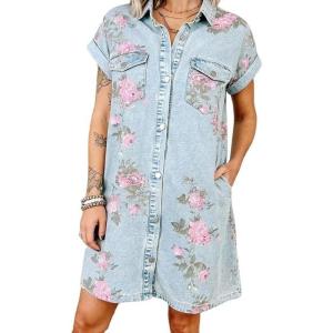 image:imageCHARTOU Women Floral Denim Midi Dress Lapel Button Down Short Sleeve Shift Jean Dress with PocketsLight Blue