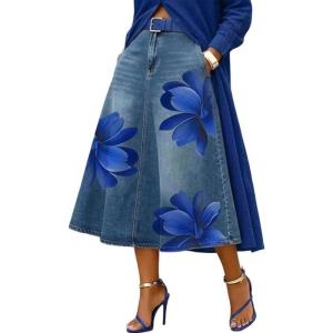 image:imageCHARTOU Women Floral Print Jean Skirt High Waist A Line Patchwork Denim Midi Skirt with PocketsBlue