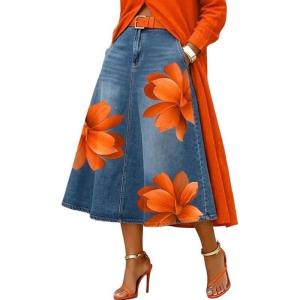 image:imageCHARTOU Women Floral Print Jean Skirt High Waist A Line Patchwork Denim Midi Skirt with PocketsOrange