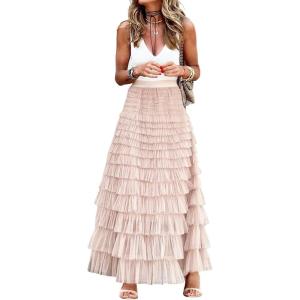 image:imageCHARTOU Women Layered Tiered Tulle Maxi Skirt Sheer Mesh A Line Skirt Flared Elastic Waist Long Cake Skirt PartyPink