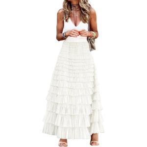 image:imageCHARTOU Women Layered Tiered Tulle Maxi Skirt Sheer Mesh A Line Skirt Flared Elastic Waist Long Cake Skirt PartyWhite