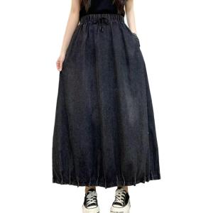 image:imageCHARTOU Women Maxi Denim Skirt Long Jean Skirt Pleated Elastic Waist A Line Skirt Casual Western Skirt PocketsBlack
