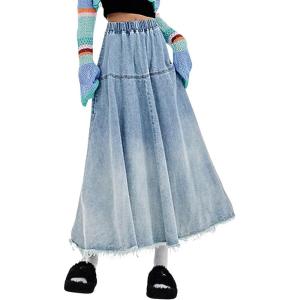 image:imageCHARTOU Women Pleated Maxi Denim Skirt Long Jean Skirt Gradient Frayed Distressed Denim Ruffle A Line SkirtBlue
