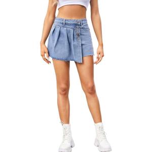 image:imageCHARTOU Women Summer Asymmetrical Patchwork Denim Mini Skirt Shorts High Waist Pleats Distressed Jean Skort with PocketsLight Blue