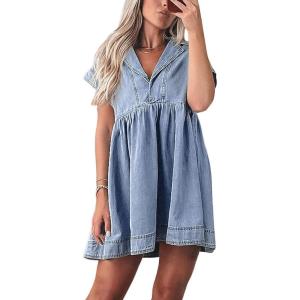 image:imageCHARTOU Women Summer Causal Mini Denim Dress Collared Short Sleeve Babydoll Tunic Jeans DressBlue