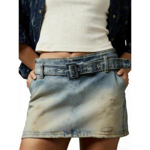image:imageCHARTOU Women Summer Denim Mini Skirt Y2k Low Waisted A Line Short Jean Skirt with BeltRetro Blue