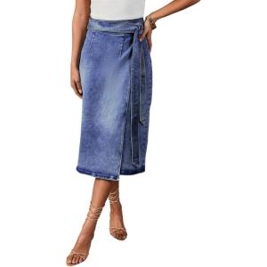 image:imageCHARTOU Women Summer Long Denim Skirt Wrap High Wisted Side Slit Pencil Maxi Jean Skirt with BeltBlue