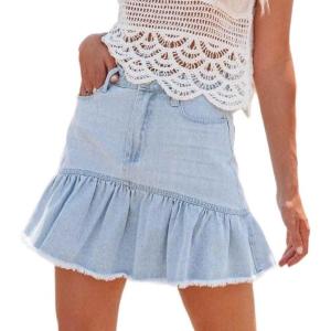 image:imageCHARTOU Women Summer Ruffle Peplum Denim Mini Skirt Frayed Asymmetrical Patchwork Short Skirt with PocketsLight Blue