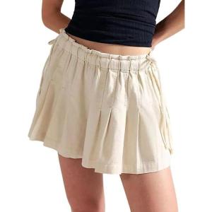 image:imageCHARTOU Women Summer Y2k Pleated Flare Jean Shorts Denim Lightweight Elastic Waist Bow Tie Croquet ShortsBeige