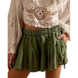 image:imageCHARTOU Women Summer Y2k Pleated Flare Jean Shorts Denim Lightweight Elastic Waist Bow Tie Croquet ShortsGreen