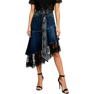 image:imageCHARTOU Women Y2k Lace Denim Midi Skirt Asymmetrical High Waist A Line Jean Skirt with PocketsDark Blue