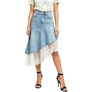 image:imageCHARTOU Women Y2k Lace Denim Midi Skirt Asymmetrical High Waist A Line Jean Skirt with PocketsLight Blue