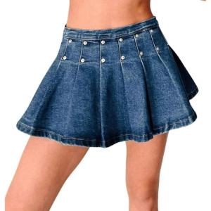 image:imageCHARTOU Women Y2k Mini Denim Skirt Jersey Style High Waist Beaded Pleated School Jean SkirtBlue