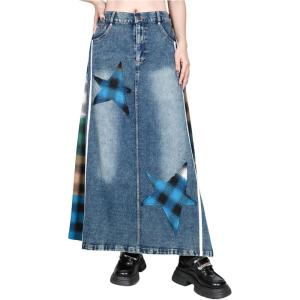 image:imageCHARTOU Womens A Line Maxi Long Jean Denim Skirt Plaid Loose Elastic High Waist Jean Skirt with PocketsBlue