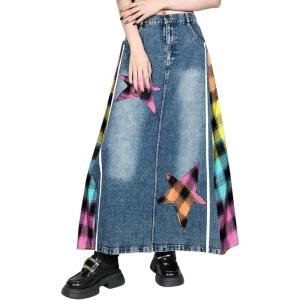 image:imageCHARTOU Womens A Line Maxi Long Jean Denim Skirt Plaid Loose Elastic High Waist Jean Skirt with PocketsRed