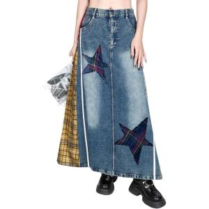 image:imageCHARTOU Womens A Line Maxi Long Jean Denim Skirt Plaid Loose Elastic High Waist Jean Skirt with PocketsYellow