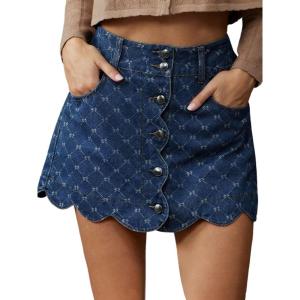 image:imageCHARTOU Womens Argyle Denim Mini Skirt Summer Scalloped Hem Button Down High Waisted A Line Short SkirtDark Blue