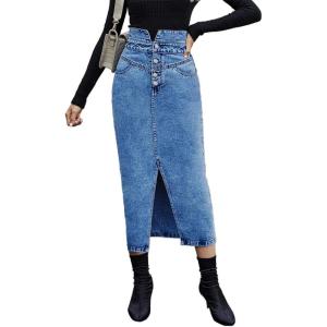 image:imageCHARTOU Womens Bodycon Jean Skirt High Waisted Front Slit MidiLong Pencil Denim SkirtDark Blue