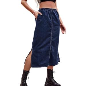 image:imageCHARTOU Womens Casual Elastic Waist Side Slit Denim Jean Long Cargo Skirt with PocketsBlue