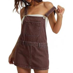 image:imageCHARTOU Womens Denim Overall Mini Dress Summer Sleeveless Adjustable Strap Bib Jean Skirtall Jumper with PocketsBrown