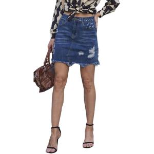 image:imageCHARTOU Womens Distressed High Waist Destroyed Holes Tassel Denim Jean Pencil Mini SkirtDark Blue