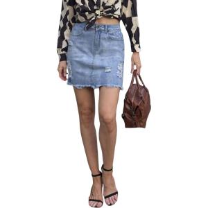 image:imageCHARTOU Womens Distressed High Waist Destroyed Holes Tassel Denim Jean Pencil Mini SkirtLight Blue