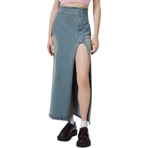 image:imageCHARTOU Womens Long Side Slit Zipper High Waisted Soft Slim Fitted A Line Jean Denim SkirtBlue